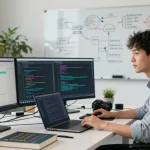 Developer exploring spicy AI applications in a vibrant workspace with dual monitors and creative tools