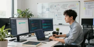 Developer exploring spicy AI applications in a vibrant workspace with dual monitors and creative tools