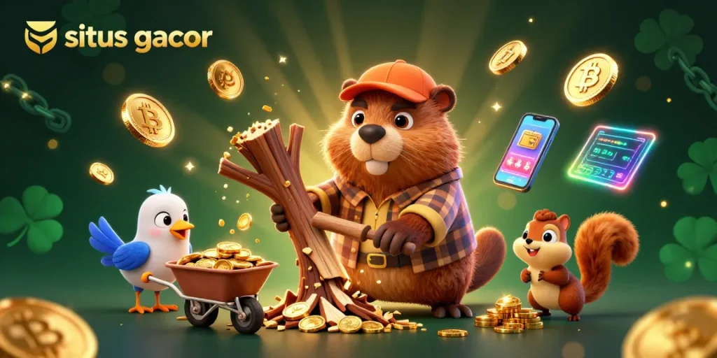 Experience the excitement of situs gacor with a whimsical beaver, bird, and squirrel collecting coins.